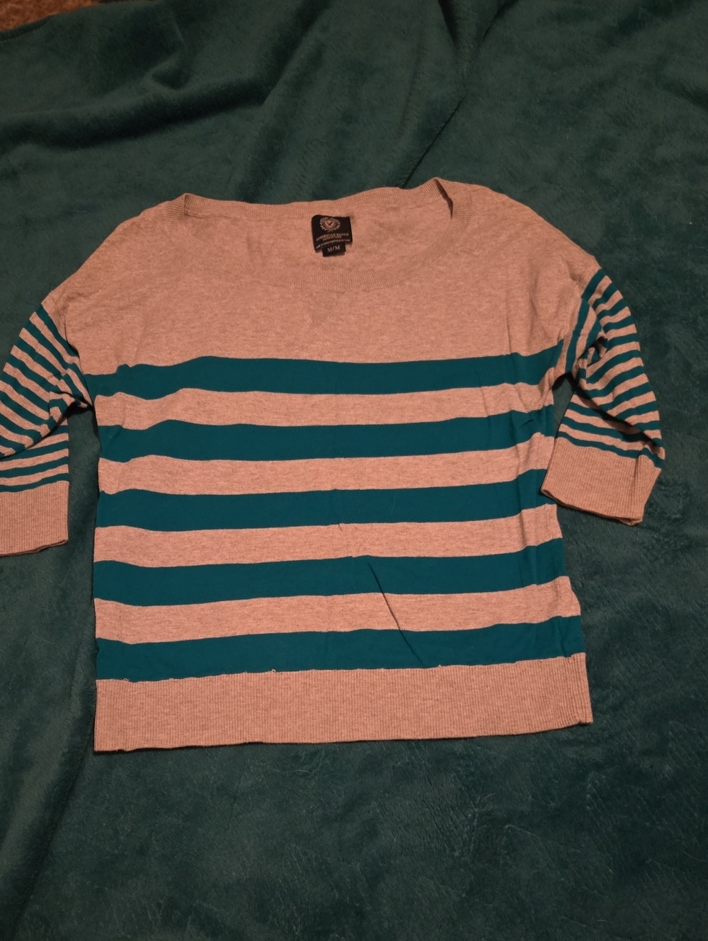 4/$20 American Eagle Outfitters Gray and Teal Striped Knit Sweater